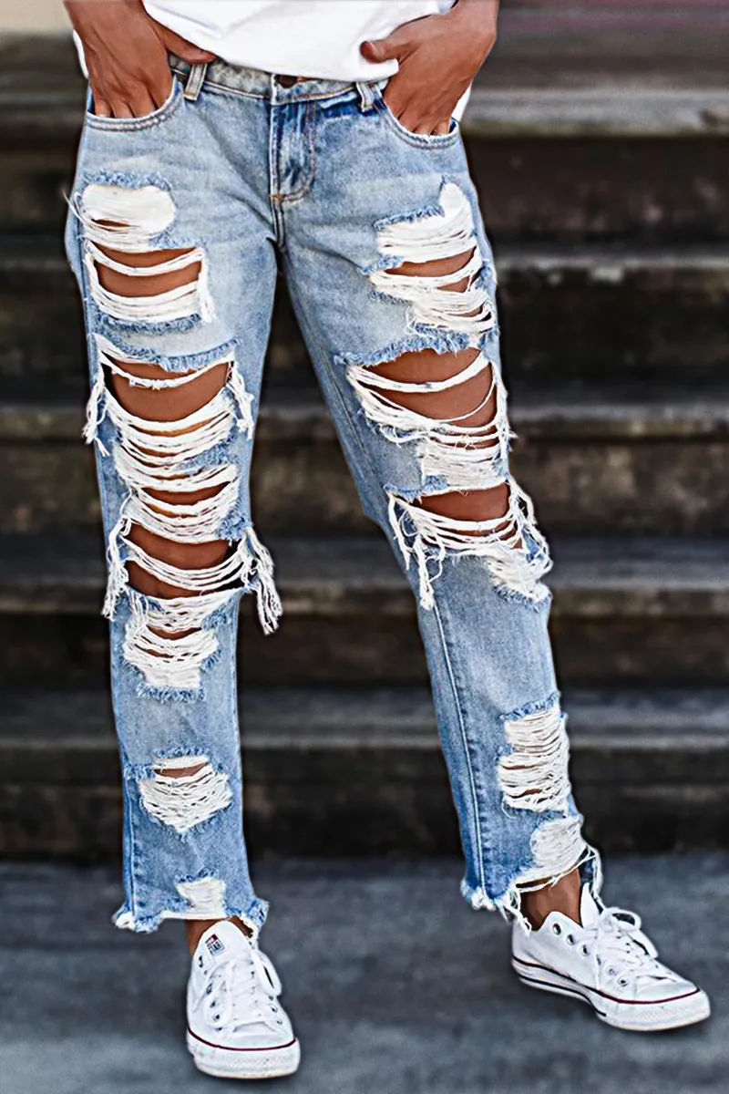 Distressed Low Rise Straight Leg Jeans