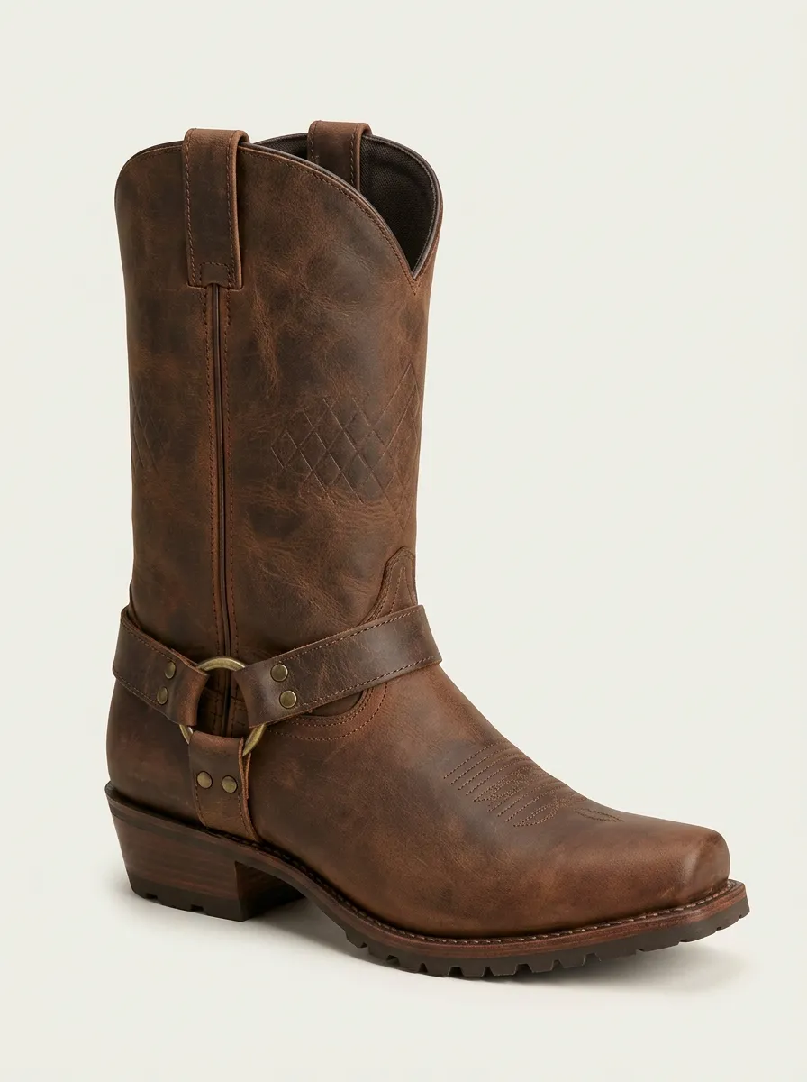 Men's Western Cowboy  Leather Harness Printed Boots