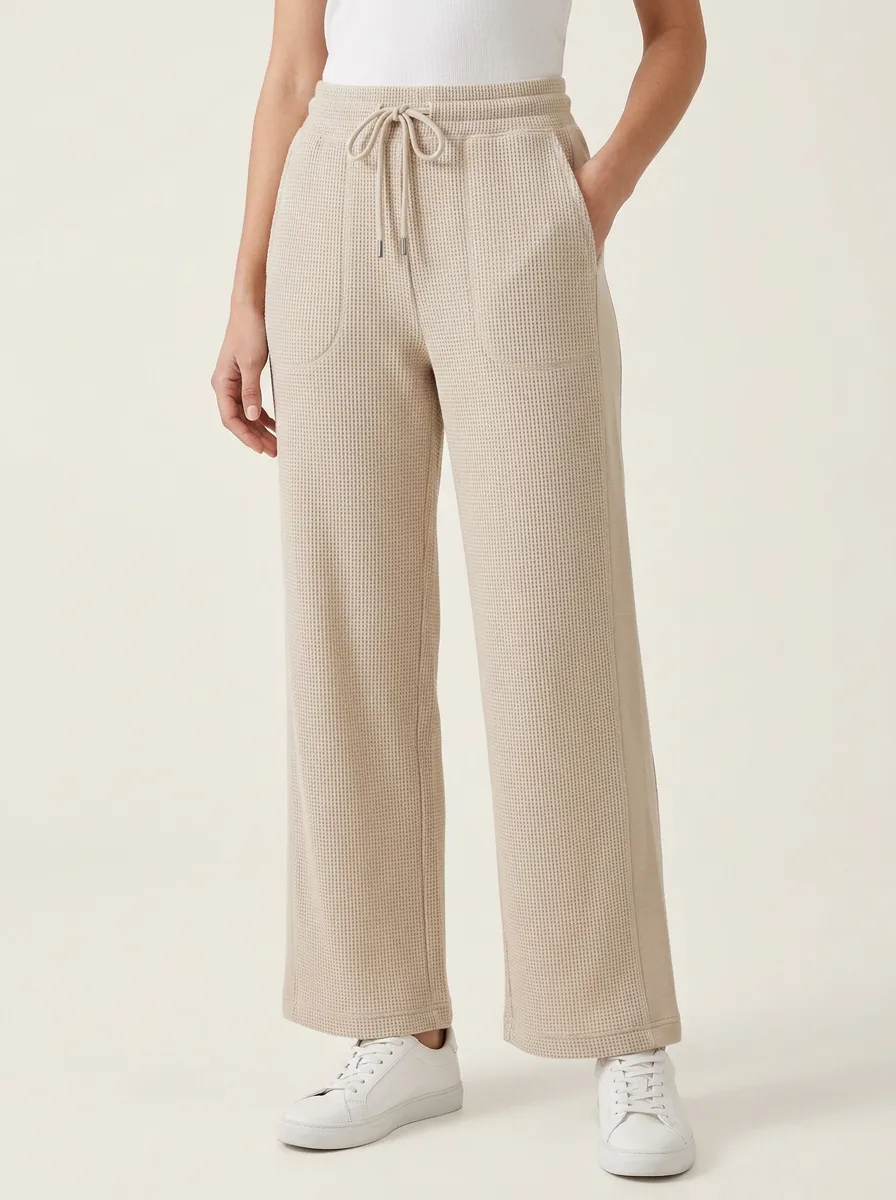 Women's Casual Beige Waffle Knit Drawstring Wide Leg Pants