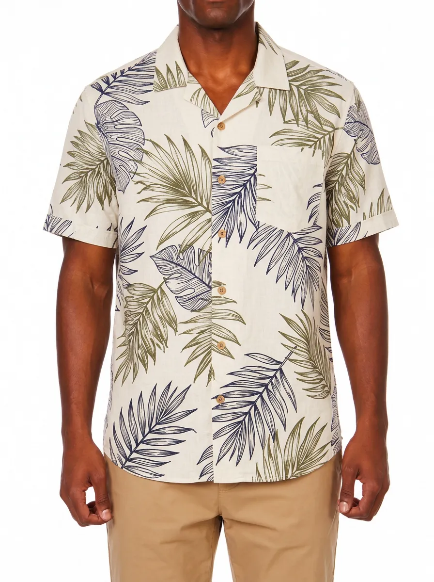 Men's Tropical Leaf Print Camp Collar Shirt with Button-Front