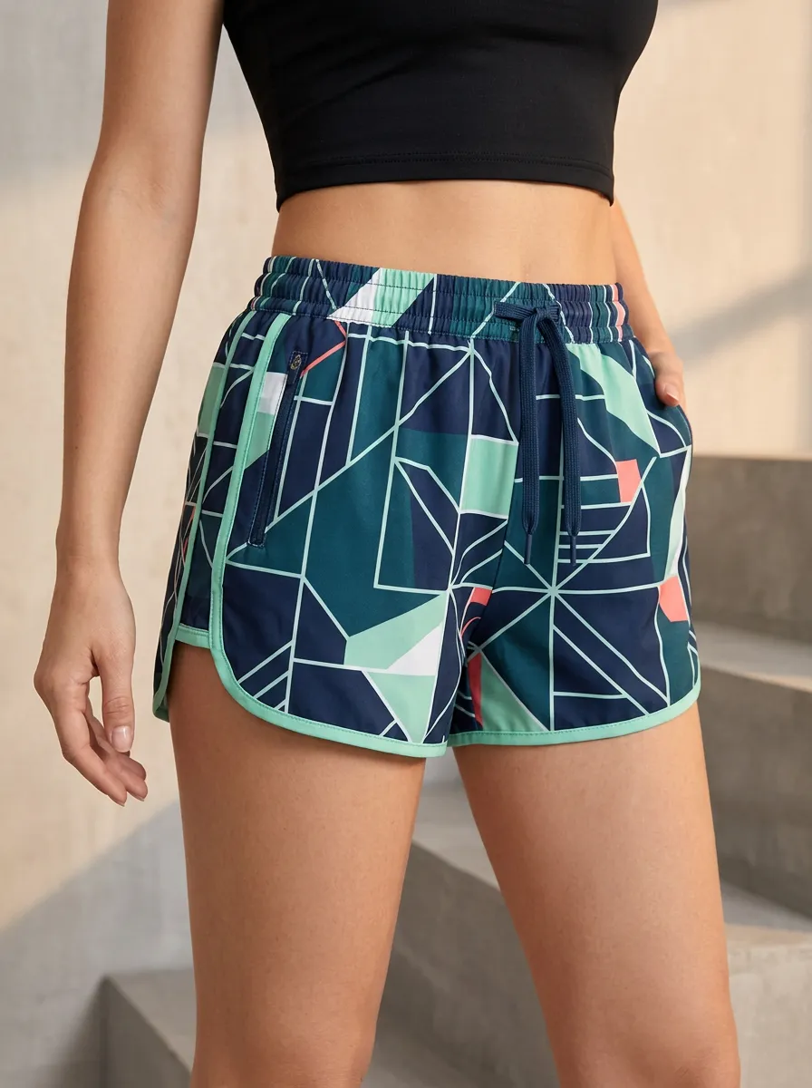 Women's Geometric Pattern Teal Printed Athletic Shorts