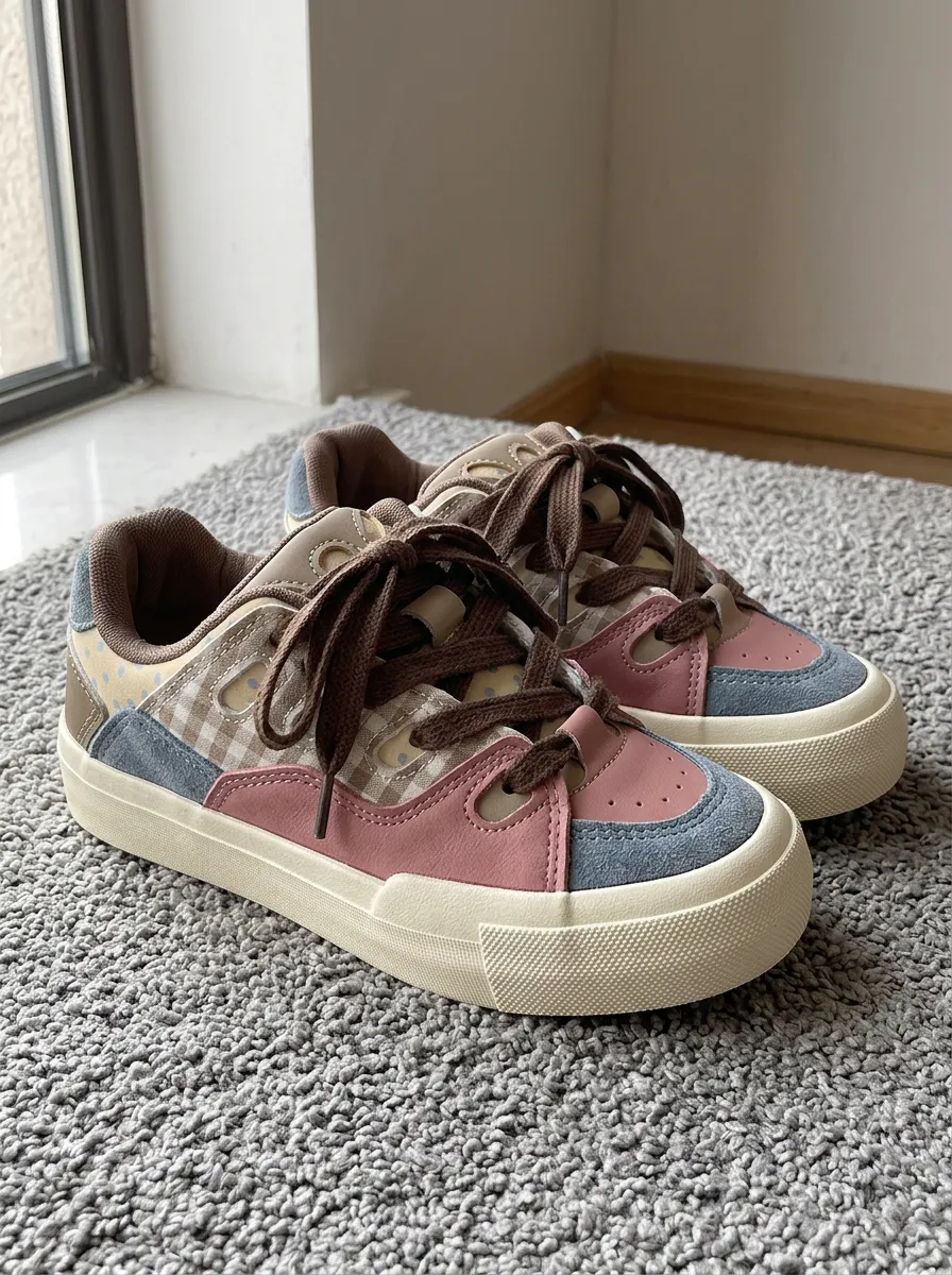 Women's Street Gingham Patchwork Colorblock Skate Shoes
