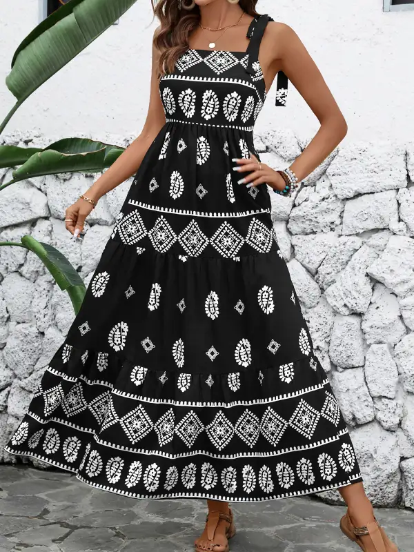Boho Style Sleeveless Lace-Up Maxi Dress