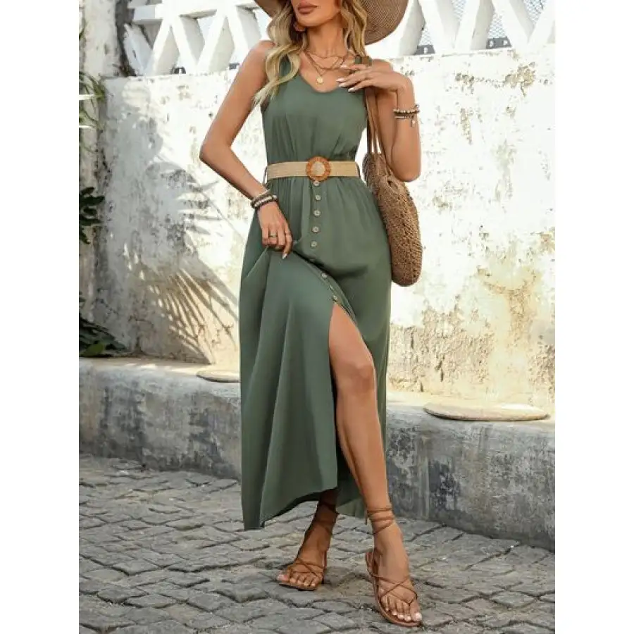 Perfee Decorative Button Slit Sleeveless Midi Dress