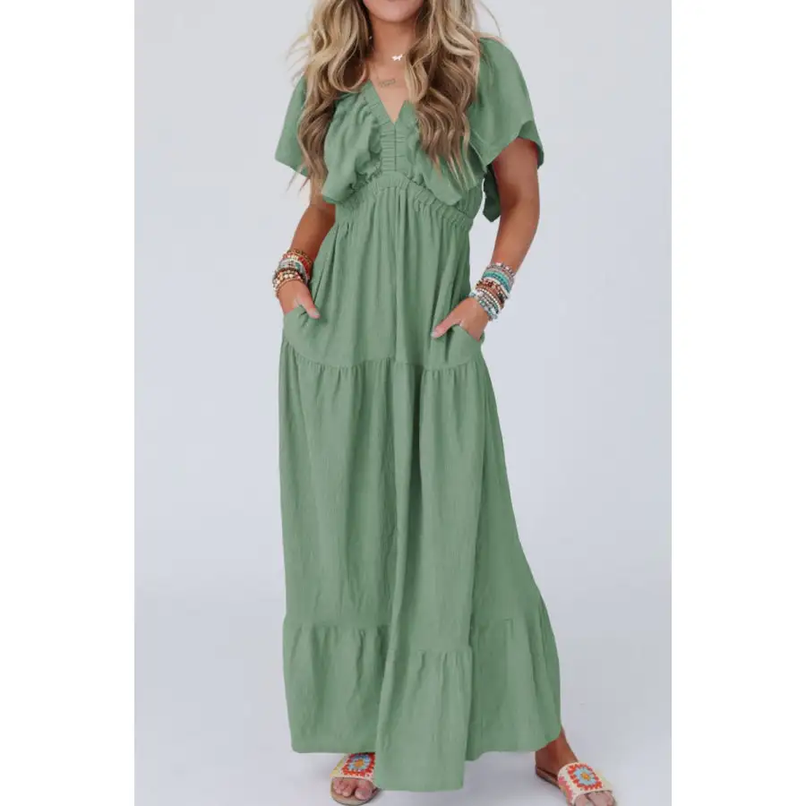 Ruffled V Neck Flutter Sleeve Maxi Dress