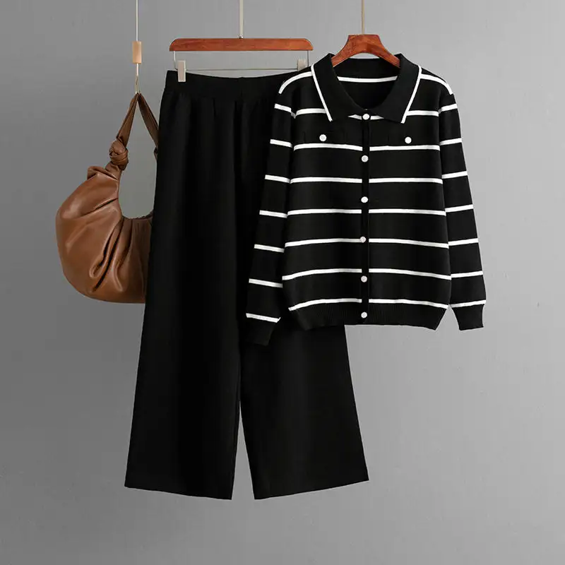 Comfort Striped Polo Knit Sweater And Wide Leg Pants Set