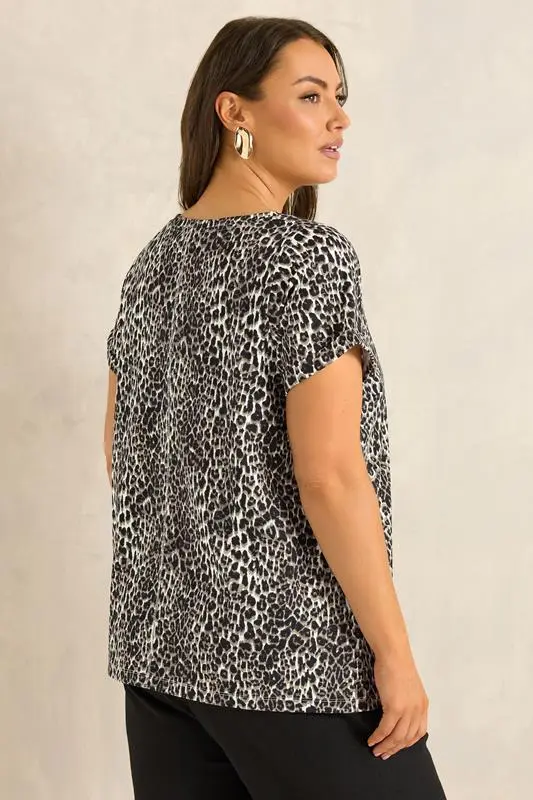 Natural Leopard Print V Neck Cotton T-Shirt