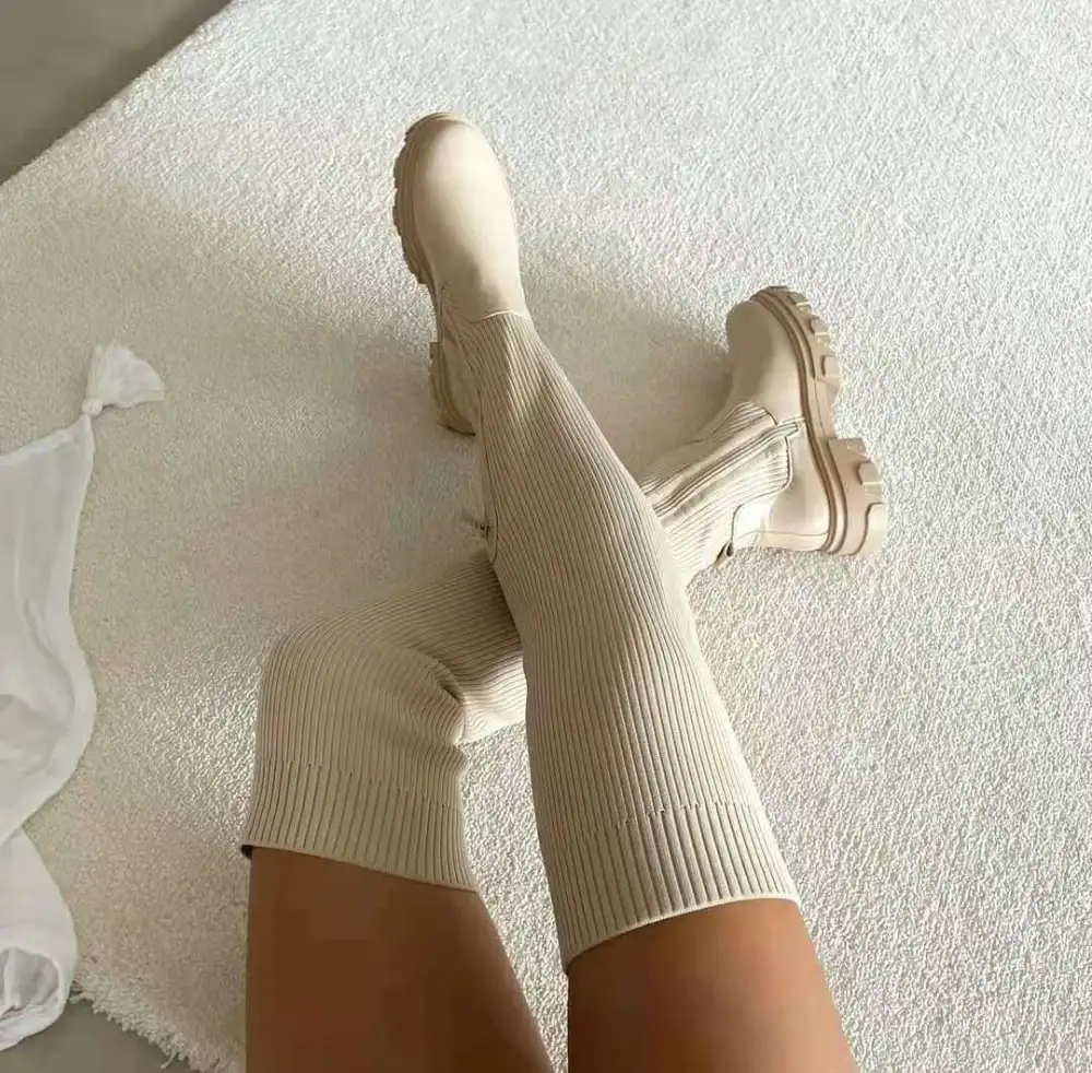 Ribbed Stretch Knee Tall Boots Heeled Sock Boots Outfits