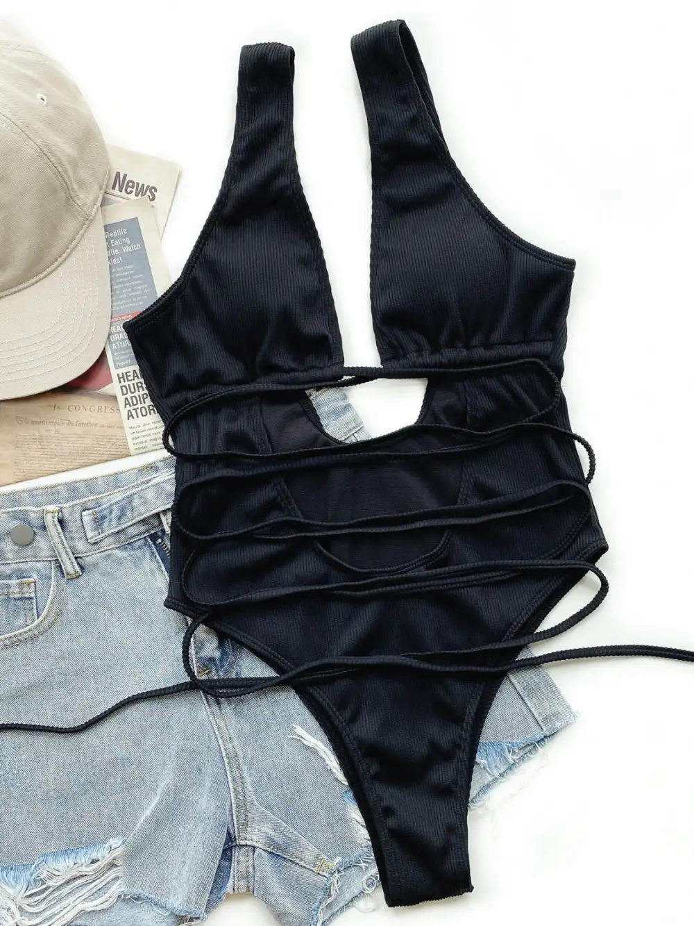 Ribbed Lace Up One Piece Swimsuit