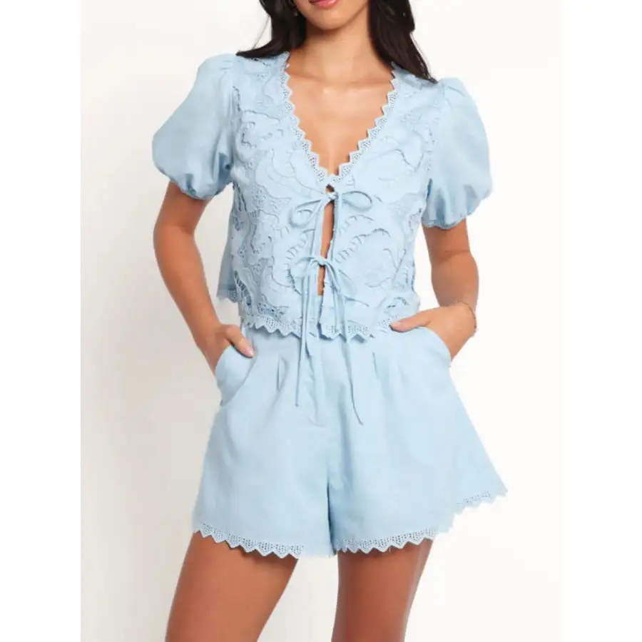 Lace Detail V Neck Top and Shorts Set
