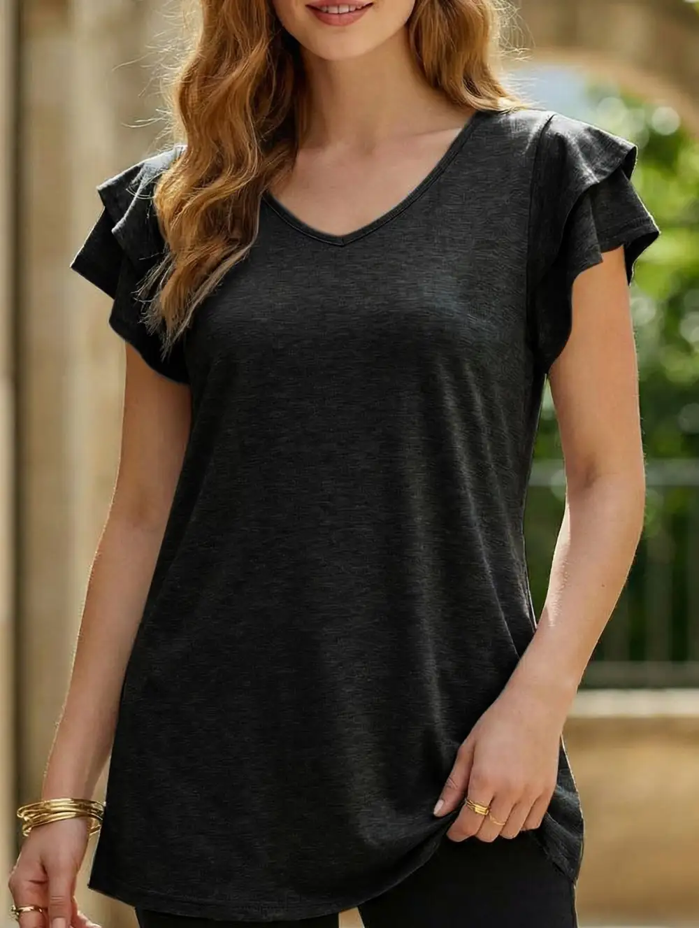V Neck Double Layer Ruffle Sleeve Tank Top