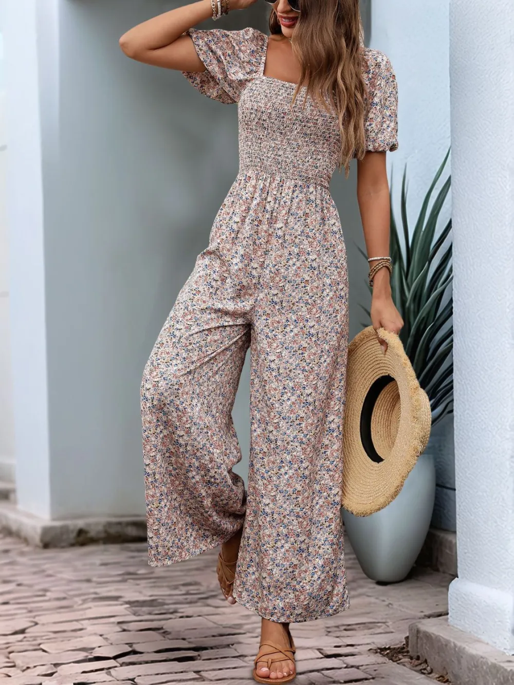 Ditsy Smocked Square Neck Puff Sleeve Jumpsuit