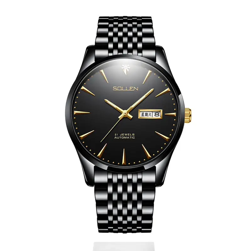 Sollen 9030 Automatic Watch - Men's Diamond-Set Dial Day Date 9-Bead Stainless Steel Bracelet Wristwatch
