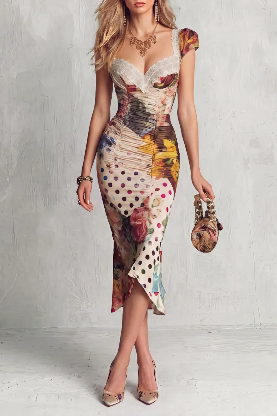 Classic Ruched Lace Floral Midi Dress