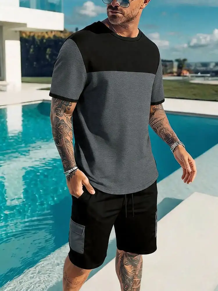 Casual Sporty Colorblock T-Shirt and Shorts Set