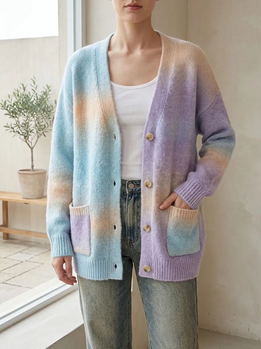 Women's Pastel Ombre Gradient Knitted Button Up Cardigan