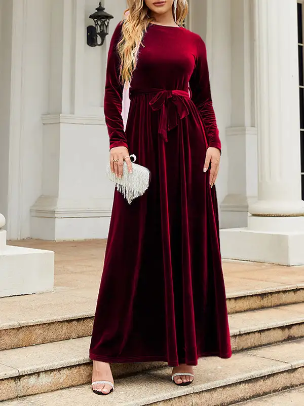 Pleated Wrap Belted Long Neck Maxi Dress