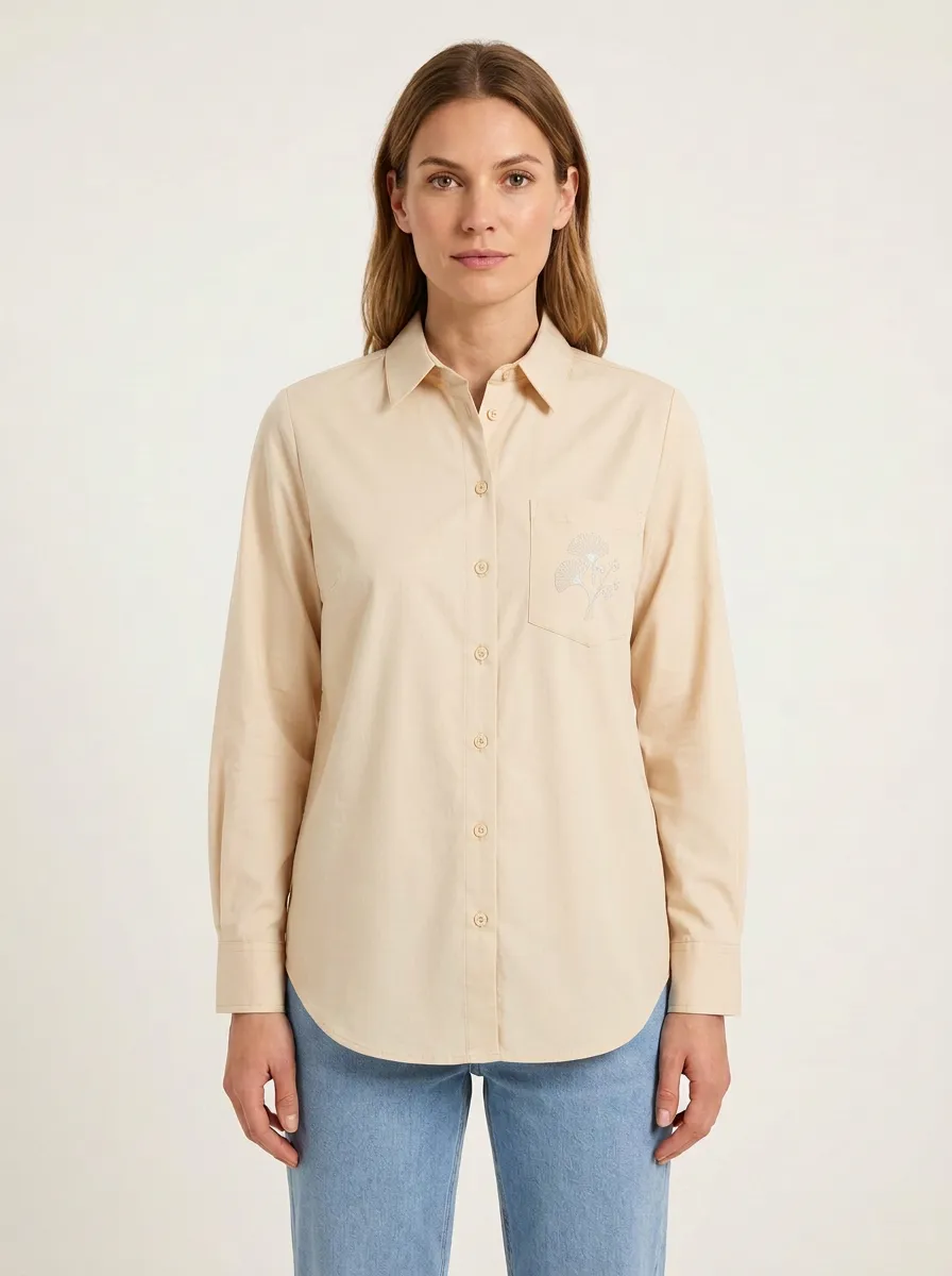 Women's Botanical-Embroidered Curved-Hem Point-Collar Shirt