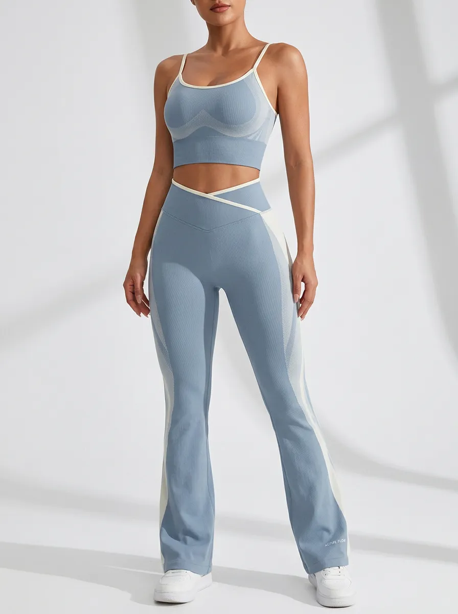Colorblock Ribbed Textured Flare Active Set