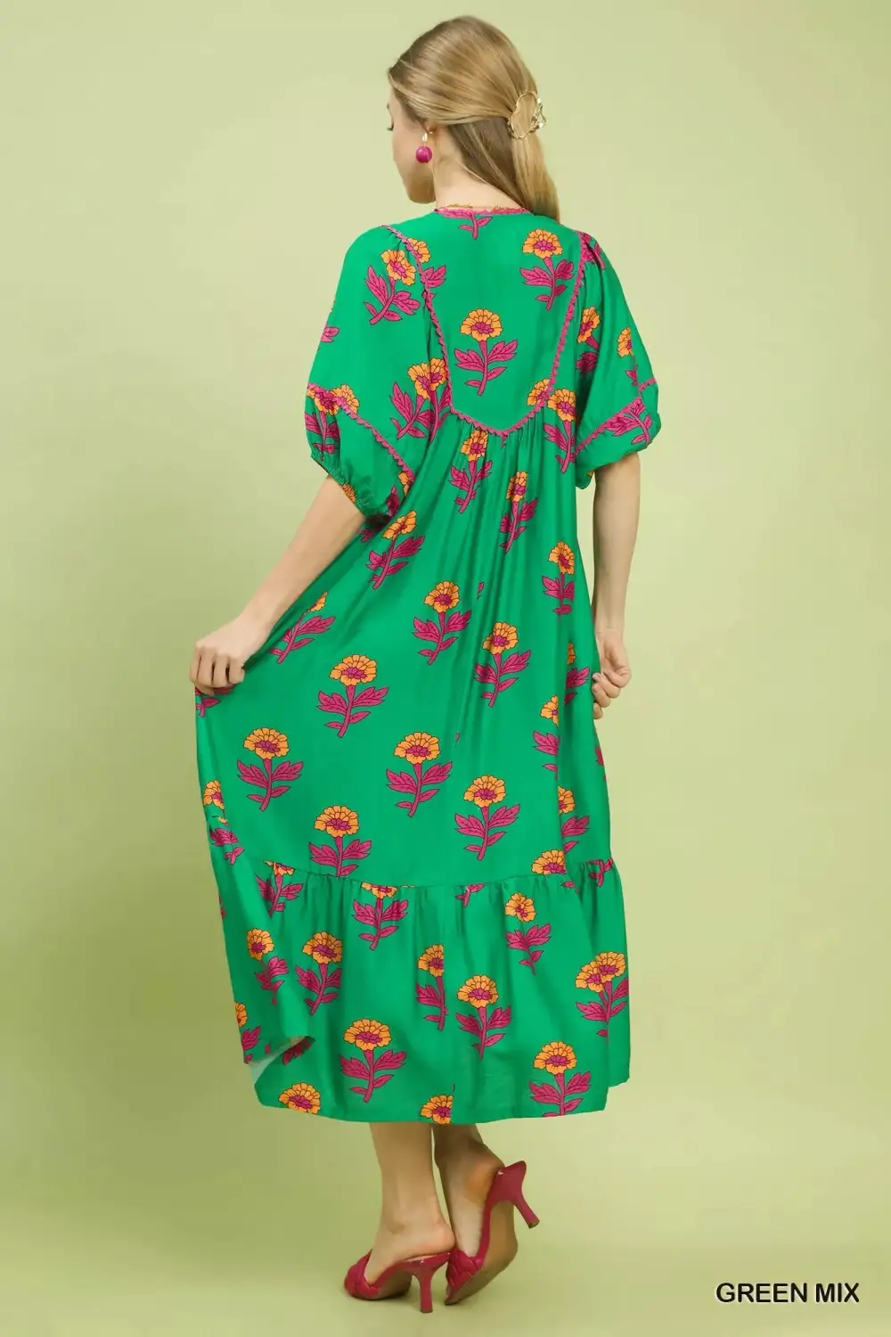 Modern Floral Print Pocketed Midi Dress
