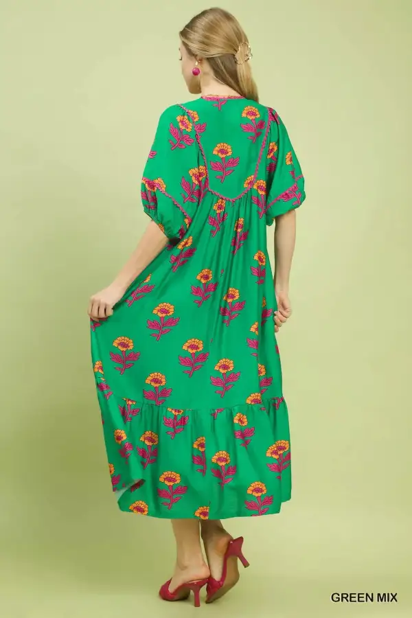 Modern Floral Print Pocketed Midi Dress