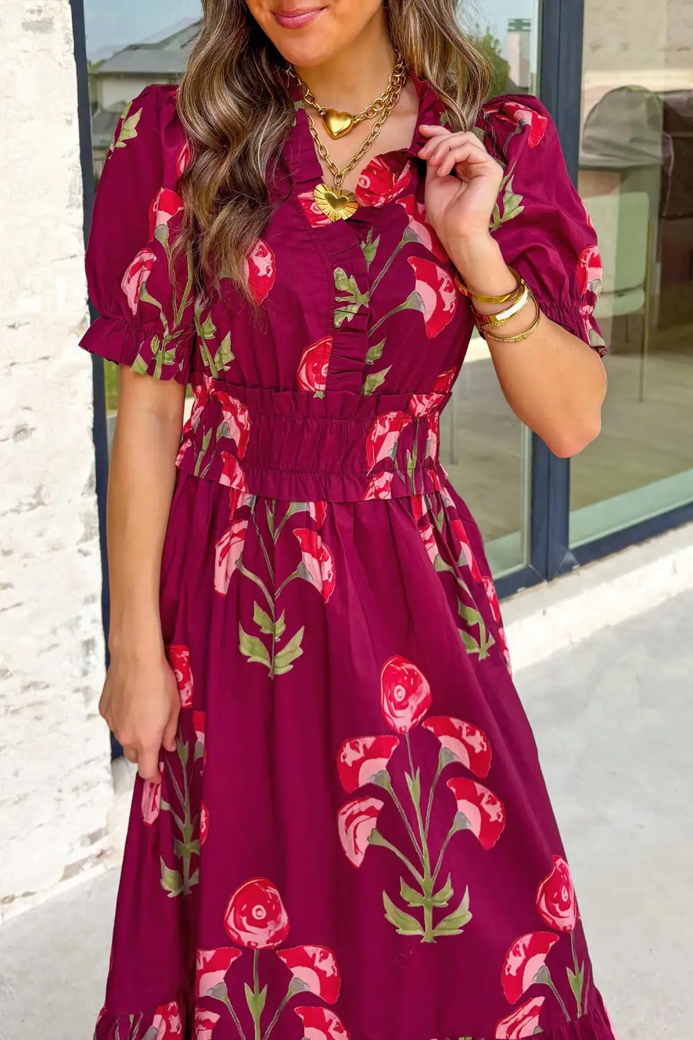 Floral Print Frilled V Neck Short Sleeve Ruffle Maxi