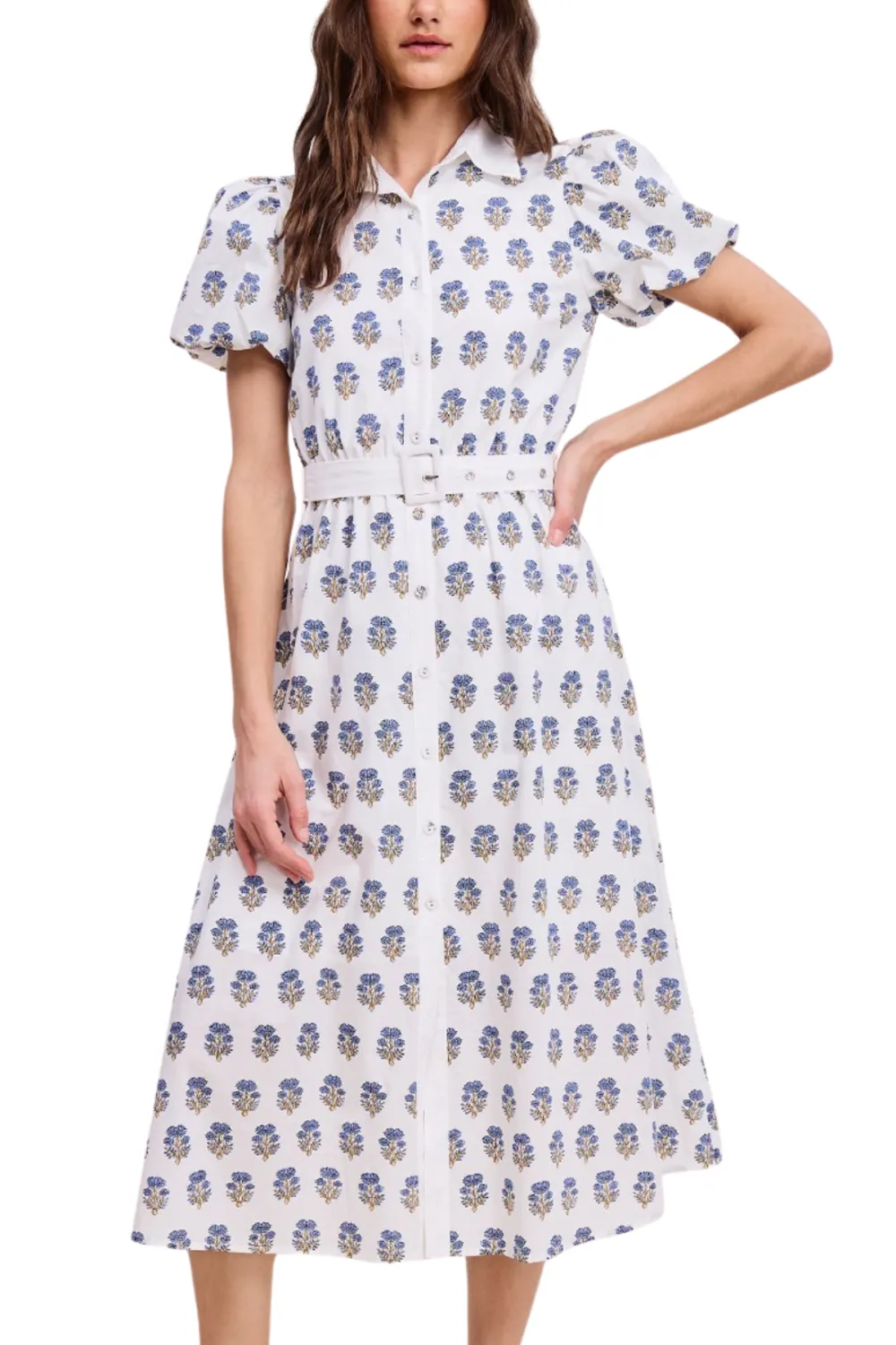 Contrast Trim Floral Print Button Down Midi Dress