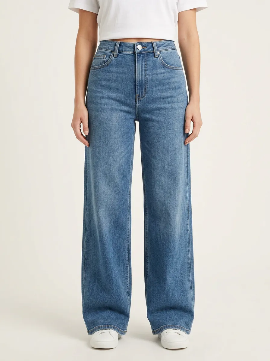 Women's Whiskered Straight-Cut Wide-Leg Stretch Jeans