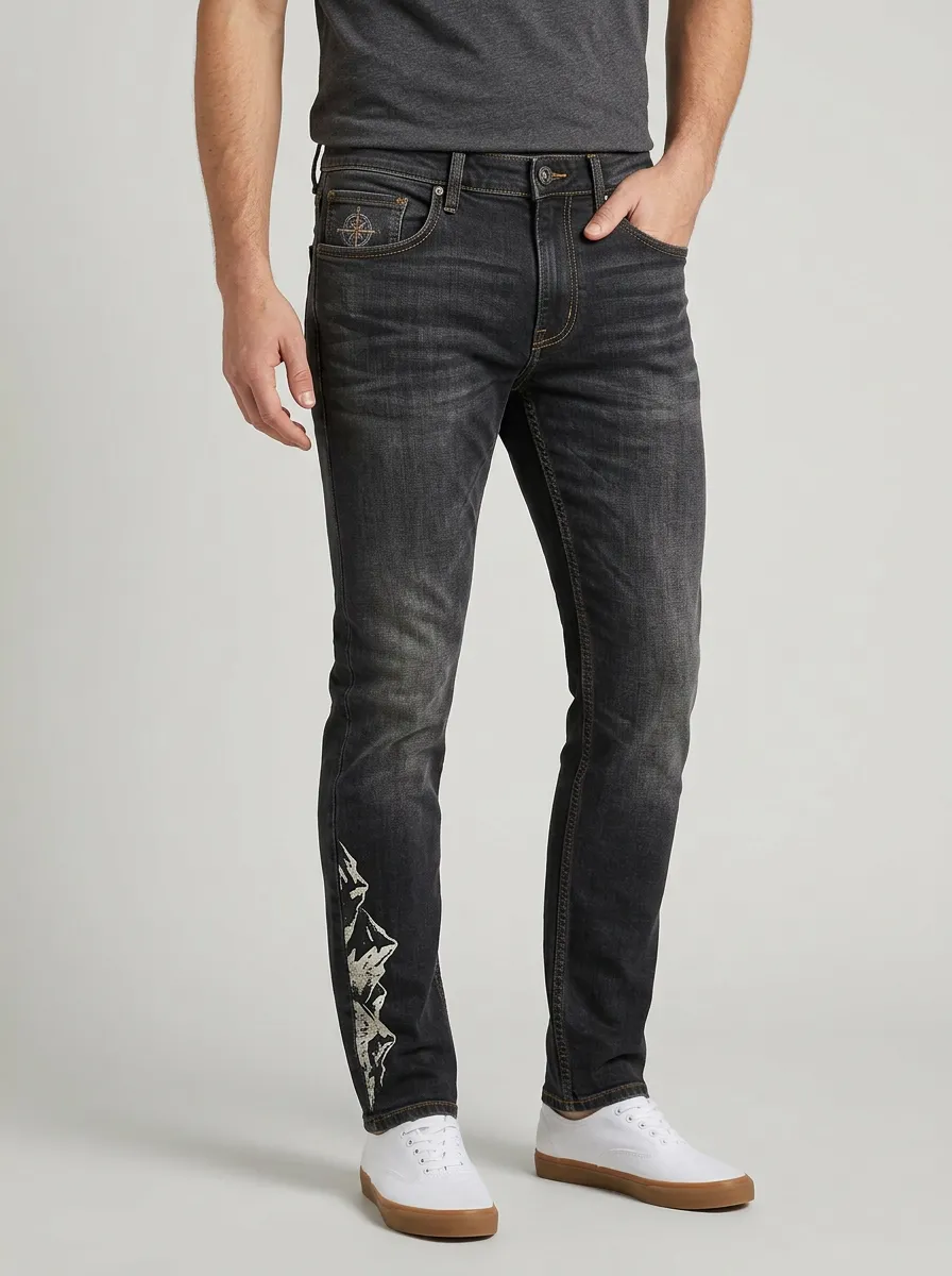 Men's Mountain Compass Graphic Printed Slim-Fit Jeans