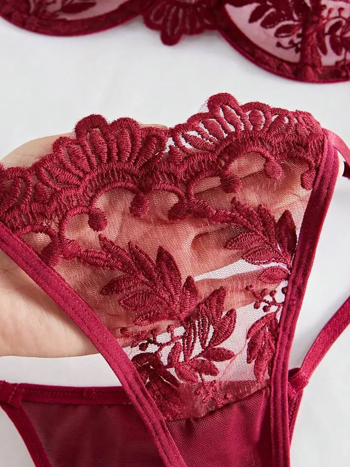 Embroidered Mesh Sheer Lingerie Set
