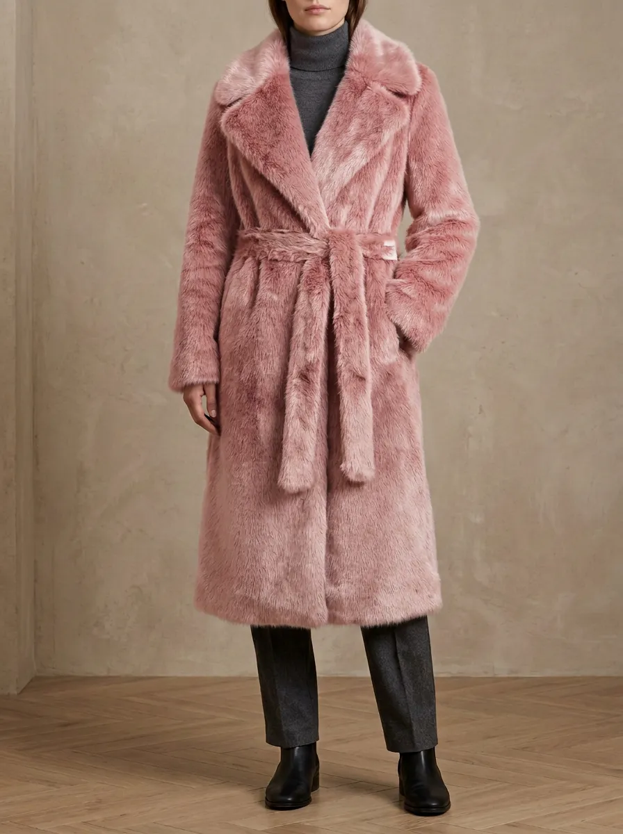 Front Pockets Faux Fur Belted Coat