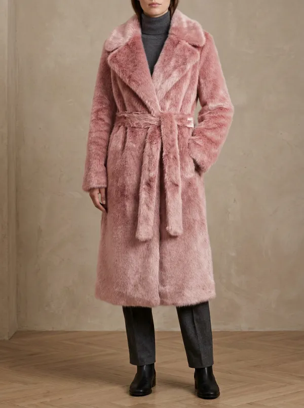 Front Pockets Faux Fur Belted Coat