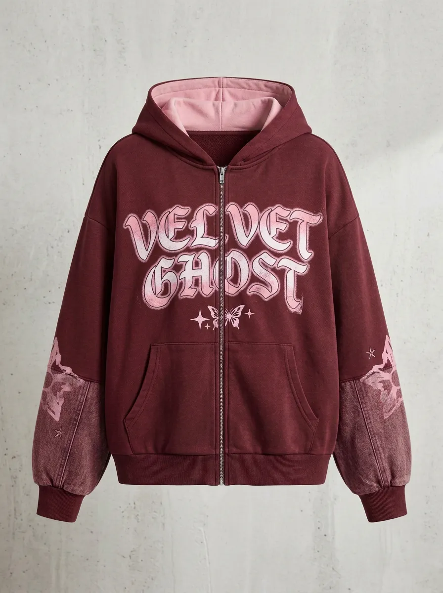 Women's Streetwear Velvet Ghost Butterfly Printed Zip-up Hoodie
