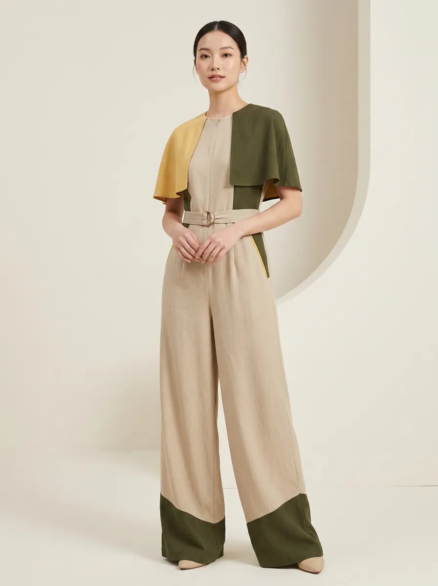 Women's Elegant Minimalist Color-Block Cape Sleeve Belted Jumpsuit