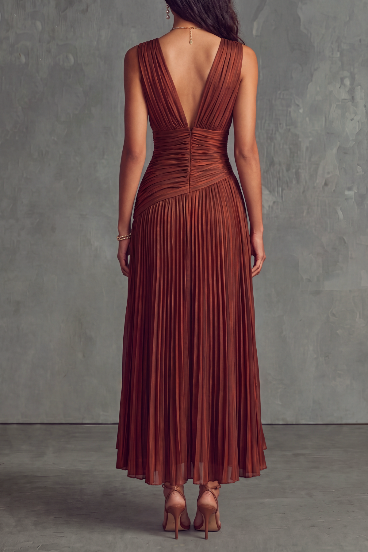 V Neck Pleated Striped Midi Dress