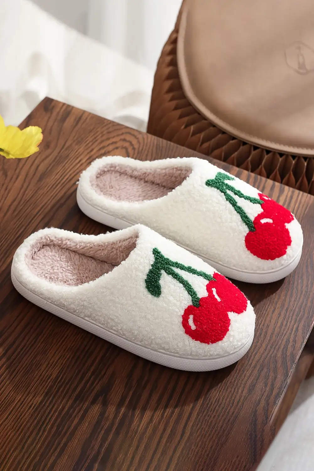 Cute Fruit Cherry Pattern Winter Plush Slide Slippers