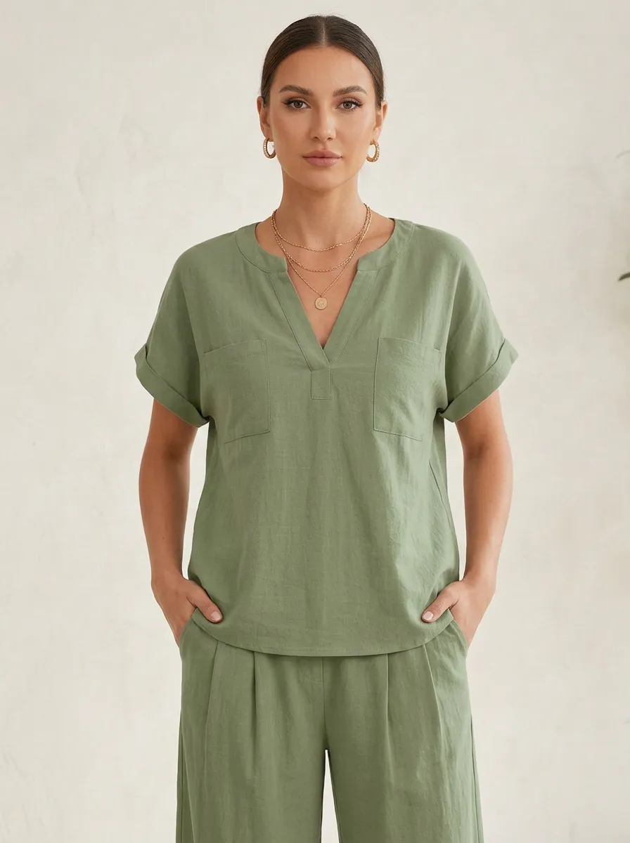 Easy-Wear Button-Front Women's V-Neck Shirt