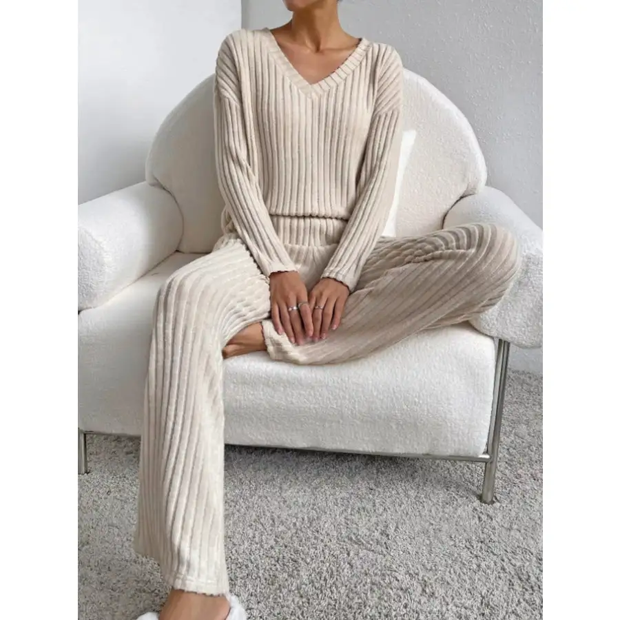 Classic Ribbed Knit Long Sleeve Top and Pants Set