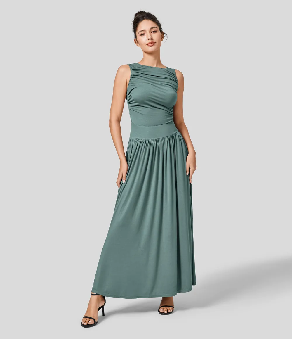 Ribbed Boat Neck Ruched Side Pocket Flowy Maxi Casual Dress