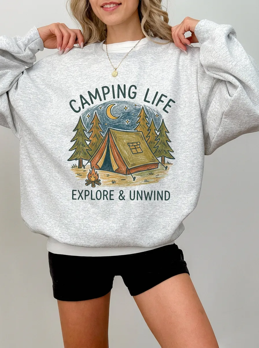 Women's Camping Life Explore Unwind Tent Forest Graphic Sweatshirt