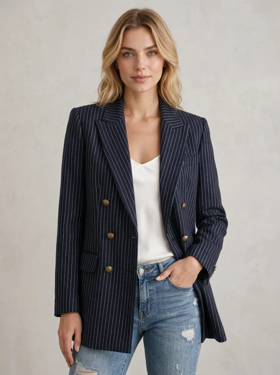 Women's Business Casual Pinstripe Double-Breasted Flap-Pocket Blazer
