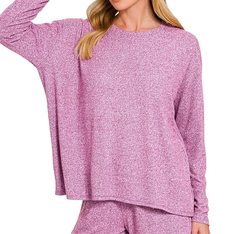 Relaxed Soft Melange Long Sleeve Tee and Shorts Set