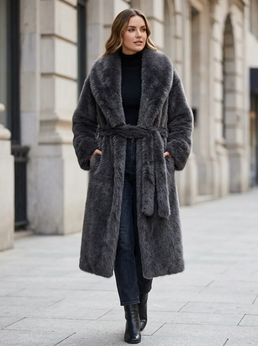 Plush-Look Belted Faux Fur Coat