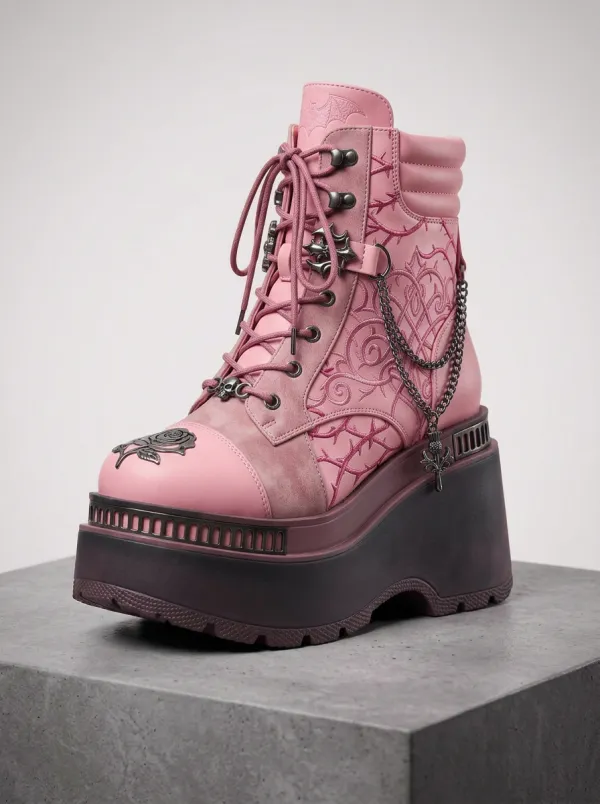Witchy Skull Rose Chain Detail Women's Gothic Platform Boots