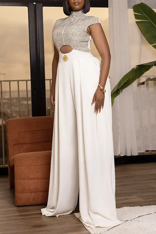 Abstract Print Cutout Patchwork Wide-Leg Jumpsuit