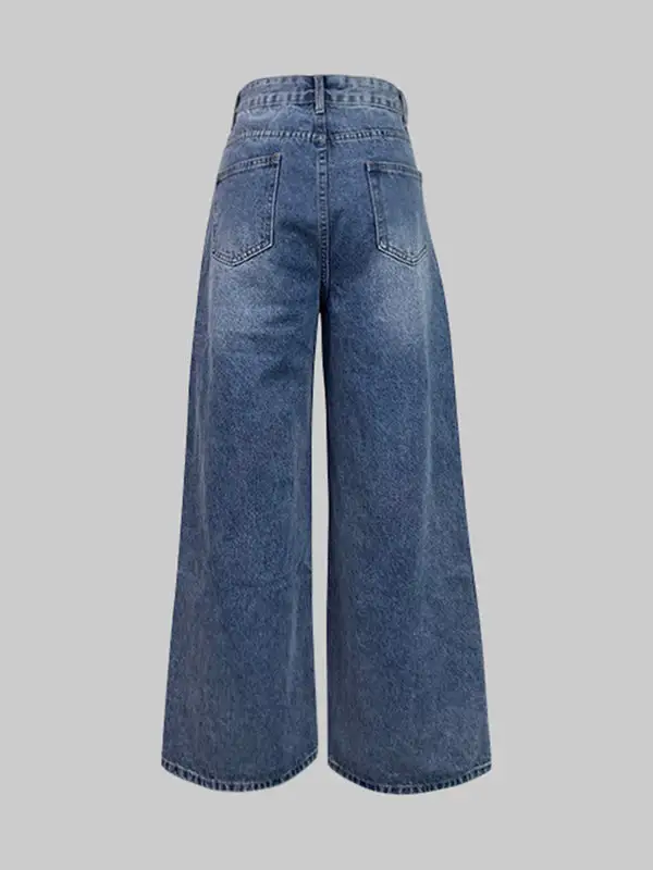 High Waist Relaxed Fit Wide Leg Button Detail Pocket Jeans