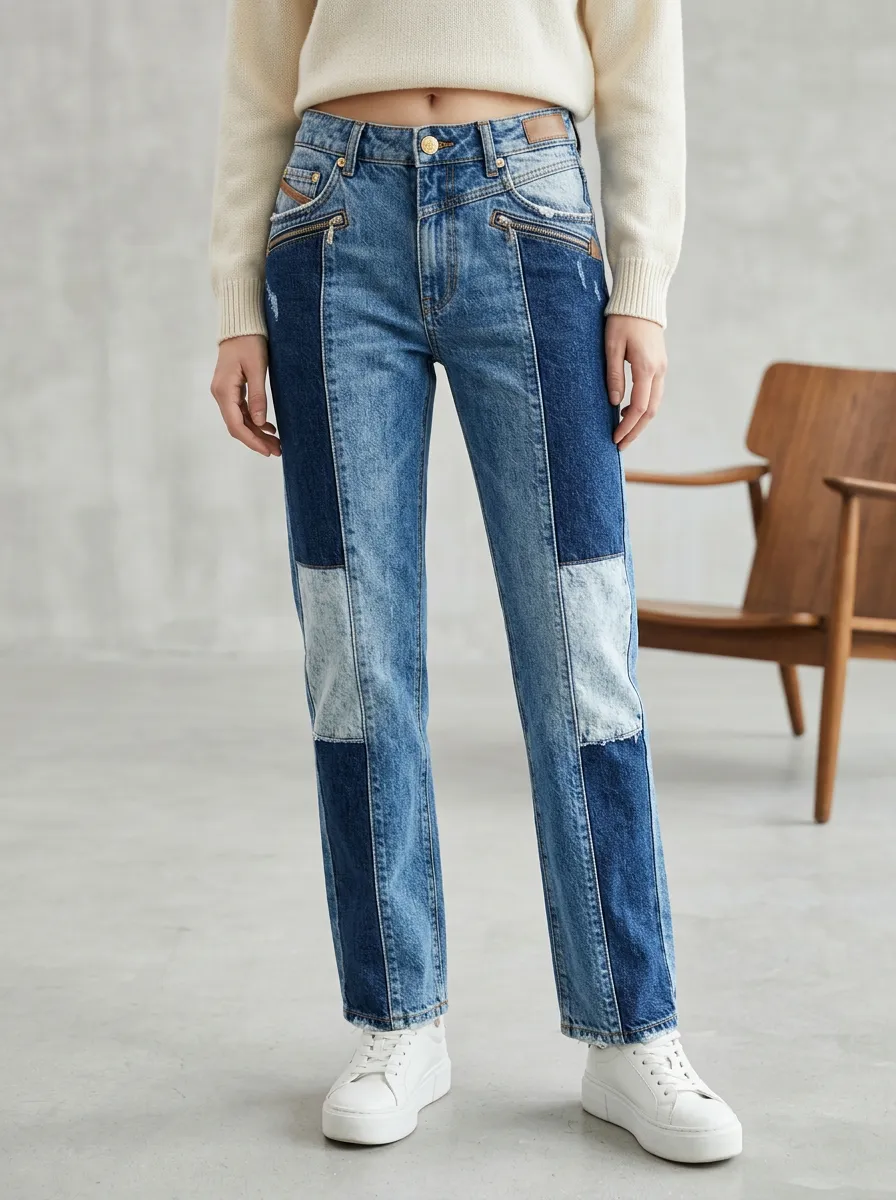 Women's Modern Casual Colorblock Patchwork Denim Straight Jeans