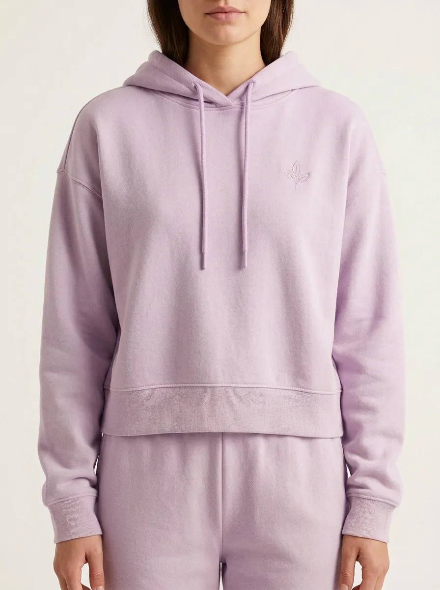 Women's Minimalist Leaf Logo Embroidered Beige Hoodie