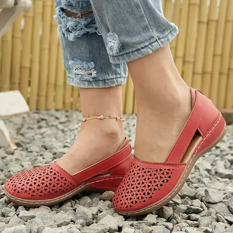 Women's Hollow Out Flat Sandals, Solid Color Cut-out Closed Toe Slip On Shoes, Casual Faux Leather Shoes