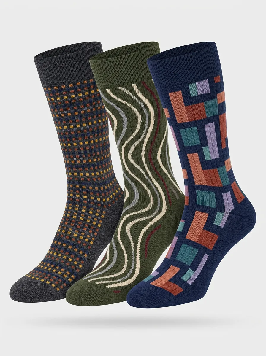 Men's Geometric Wavy Pattern Printed Three Pack Socks